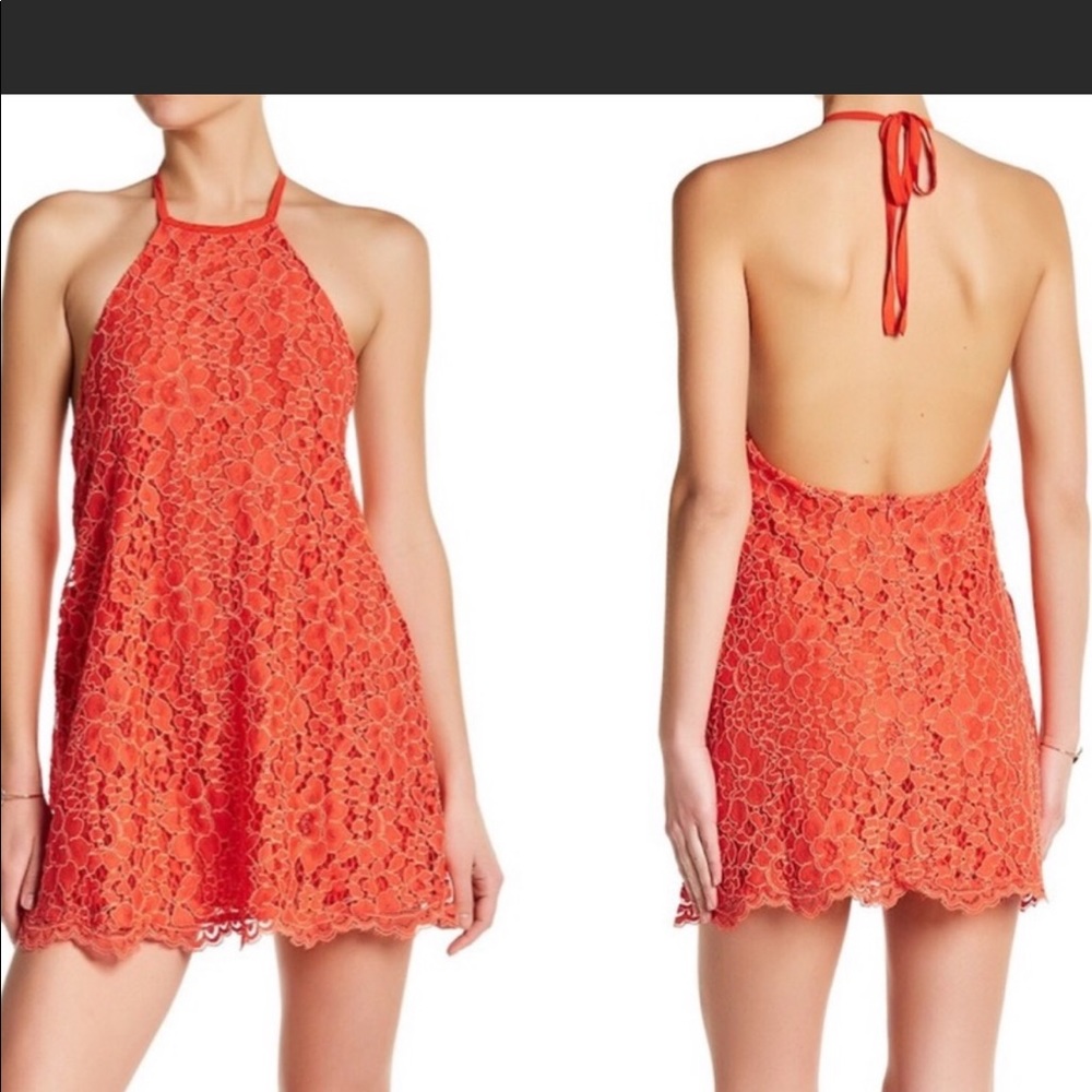 NBD Orange Floral Lace Halter Dress